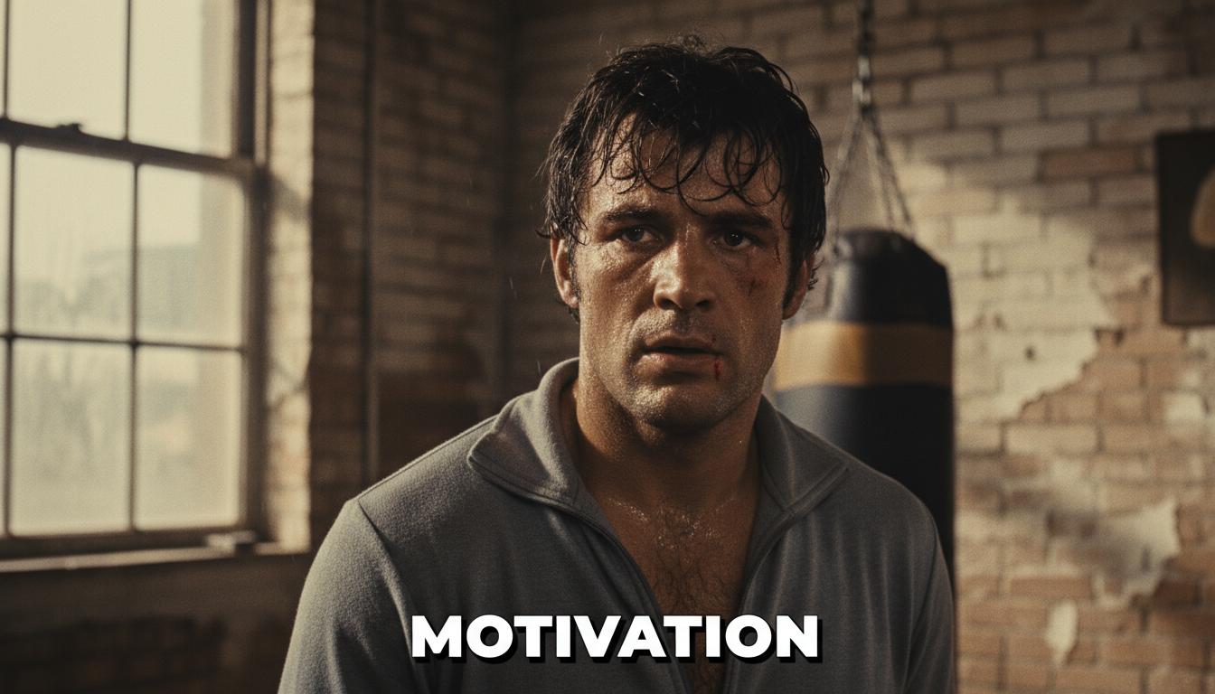 Boxeur déterminé en survêtement gris, en sueur après l'entraînement dans une salle de Philadelphie, sous une lumière naturelle avec le mot Motivation.