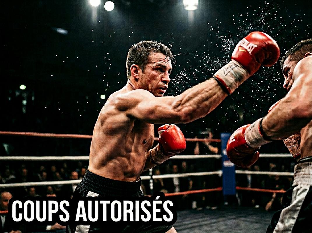 Un boxeur exécute un uppercut puissant avec des gouttelettes de sueur figées sous un éclairage contrasté et le texte Coups autorisés en surimpression.