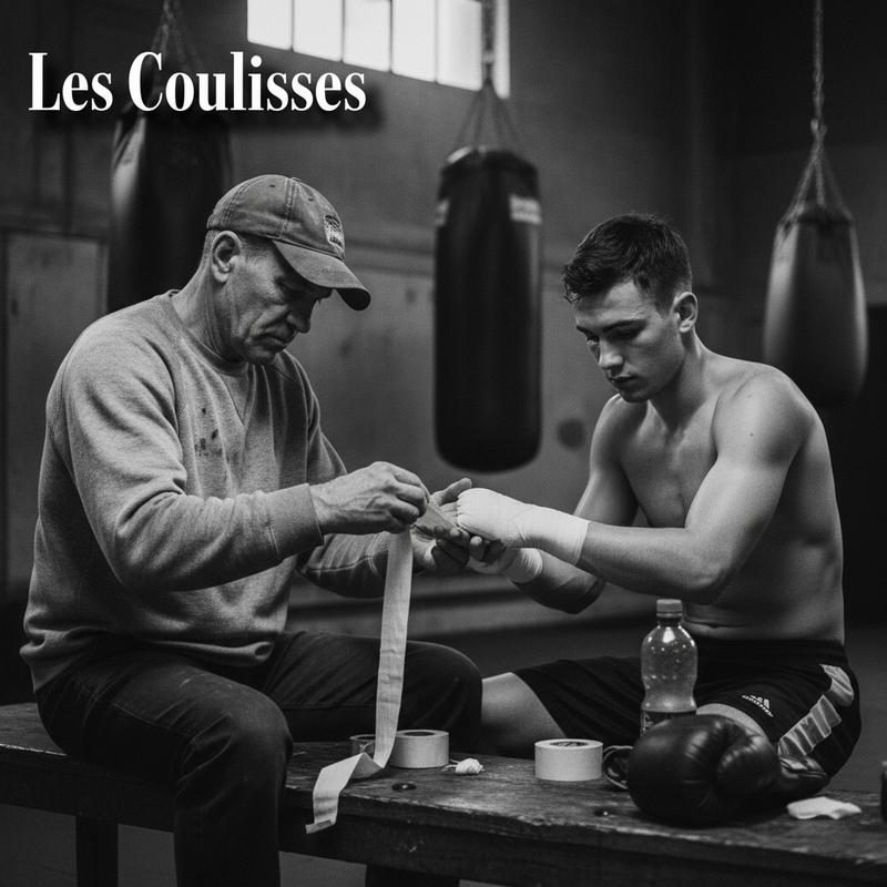 Entraîneur de boxe expérimenté bandant les mains d'un jeune combattant dans une salle rétro avec l'inscription Les Coulisses.