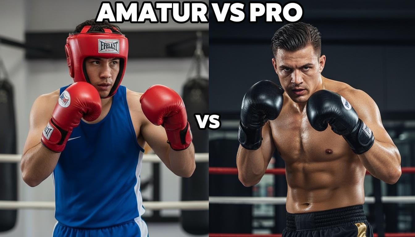 Boxeur amateur casqué en débardeur bleu et boxeur professionnel torse nu en sueur posent dans un gymnase avec le texte comparatif Amateur vs Pro.