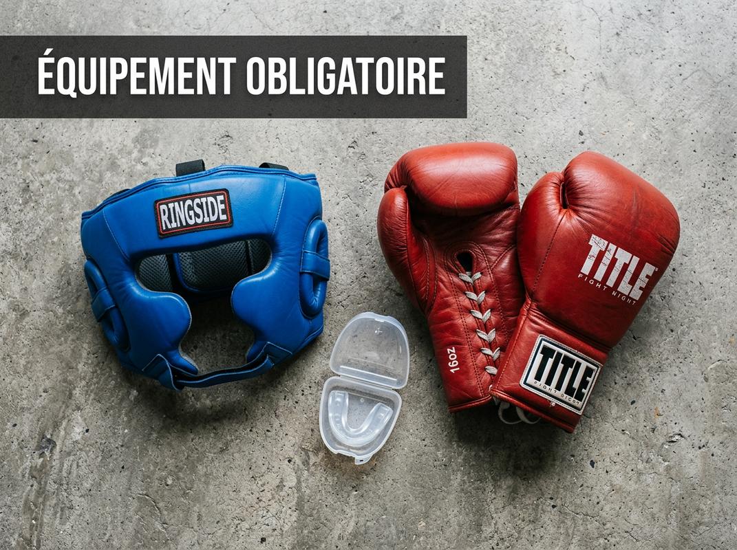 Gants de boxe en cuir rouge, protège-dents et casque bleu posés à plat sur du béton avec l'inscription Équipement obligatoire en surimpression.