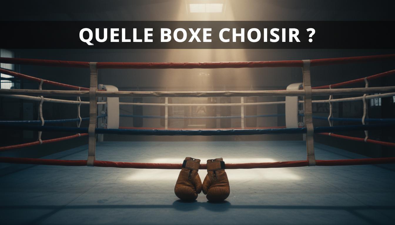 Gants de boxe en cuir usés sur les cordes rouges d'un ring dans une ambiance brumeuse avec le texte Quelle Boxe Choisir ?