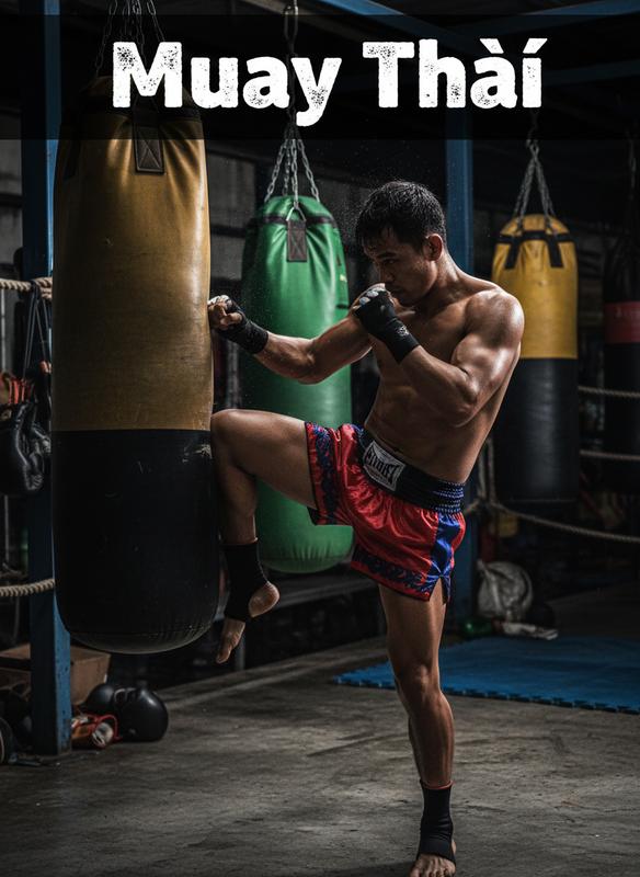 Combattant de Muay Thaï en sueur effectuant un coup de genou sur un sac de frappe, éclairage contrasté et texte Muay Thaï en superposition sur l'image.