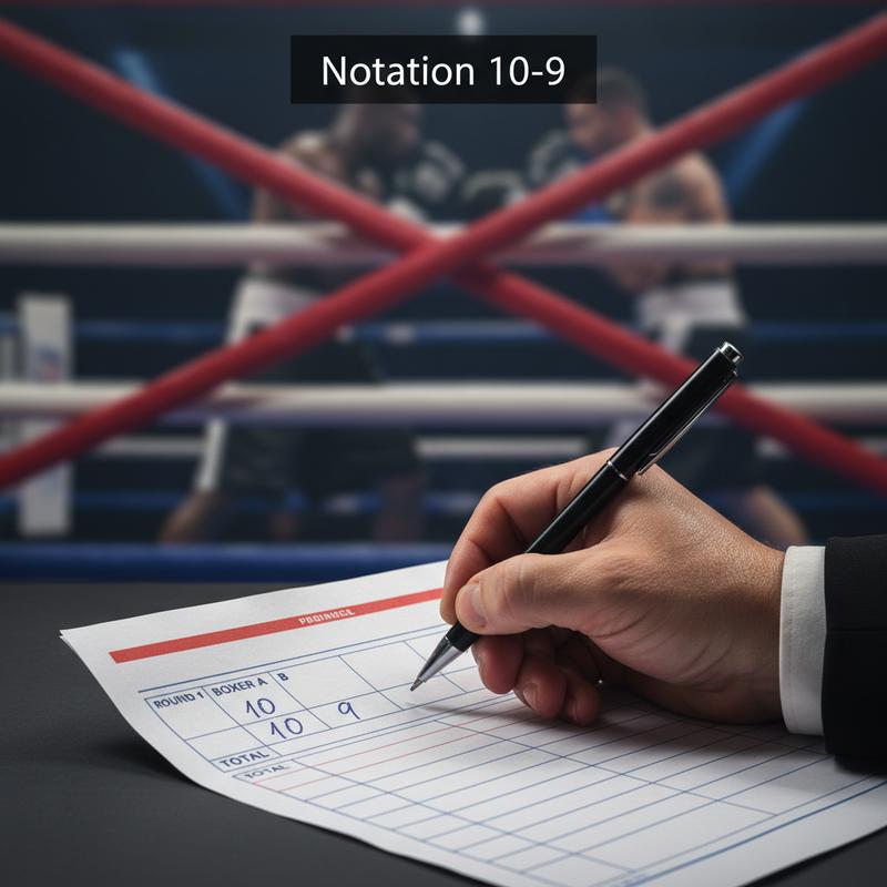Une main de juge de boxe remplit une carte de score officielle avec un stylo devant des boxeurs flous sur un ring, avec le texte en surimpression Notation 10-9.