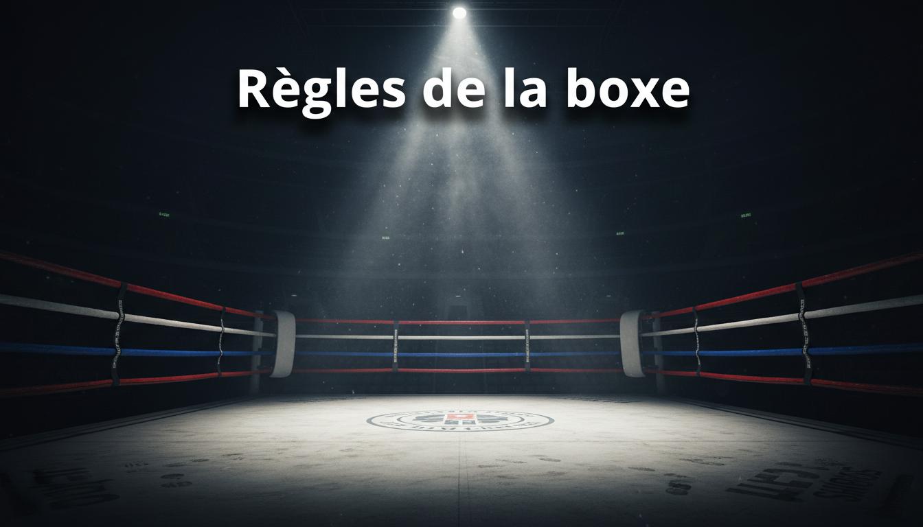 Ring de boxe vide avec cordes rouges et bleues sous un projecteur dans une arène sombre et enfumée, avec le texte Règles de la boxe en lettres blanches.