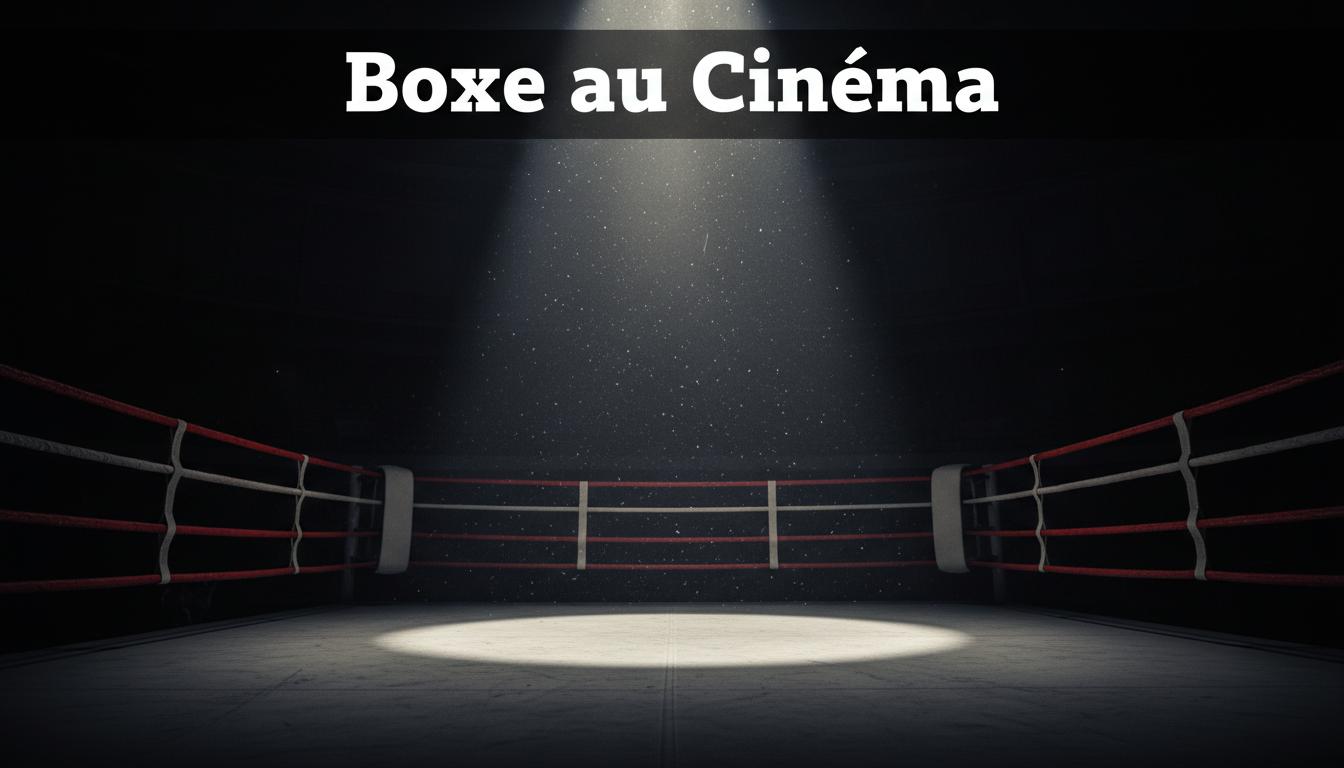 Ring de boxe vide plongé dans l'obscurité, éclairé par un faisceau de lumière zénithale avec le texte Boxe au Cinéma.