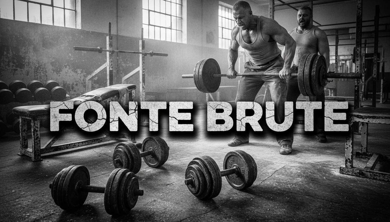 Haltères en fonte rouillés et bancs en cuir dans une salle de musculation rétro sombre avec le texte Fonte Brute.