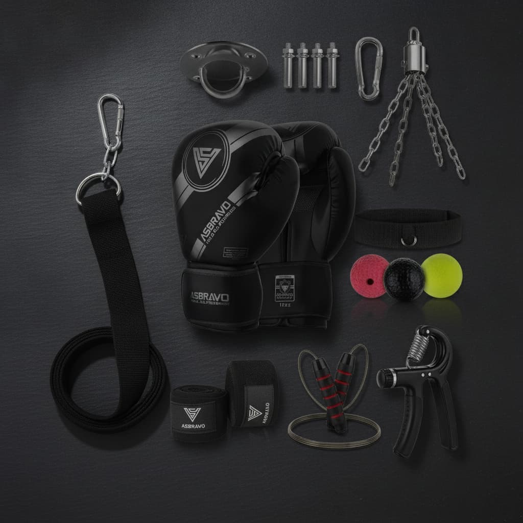 Kit de boxe à domicile Asbravo disposé en flat lay sur fond sombre en ardoise, comprenant des gants d