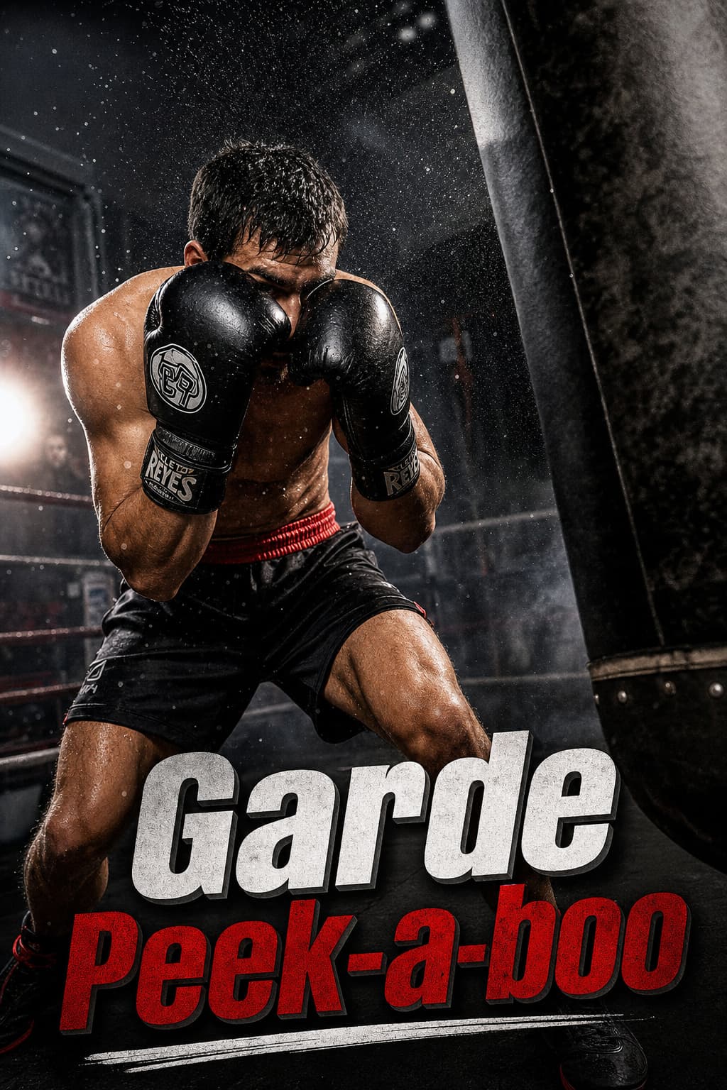 Un boxeur musclé en garde haute et en mouvement devant un sac de frappe, avec le texte Garde Peek-a-boo superposé.