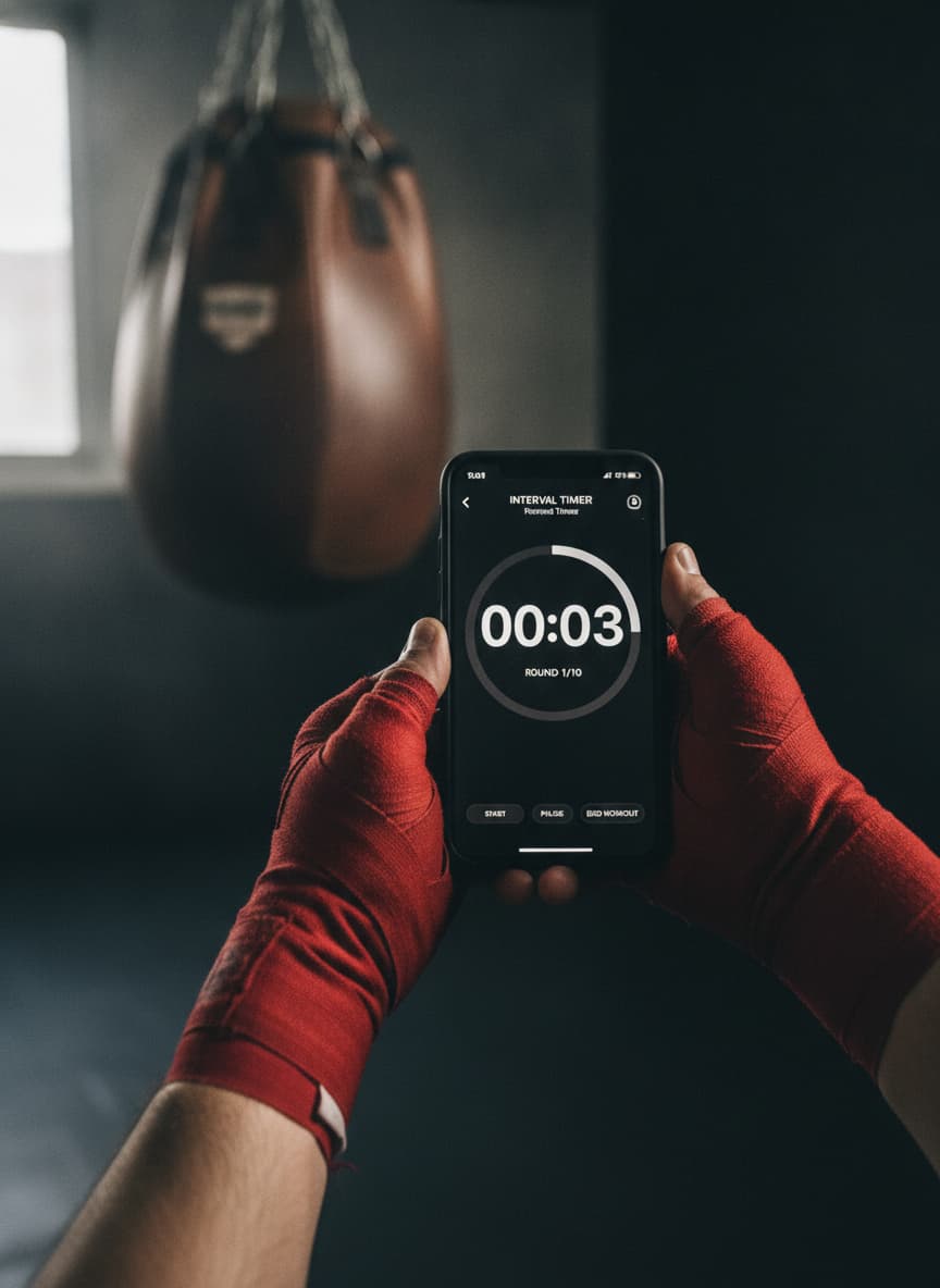 Mains bandées de boxeur tenant un smartphone affichant un minuteur d