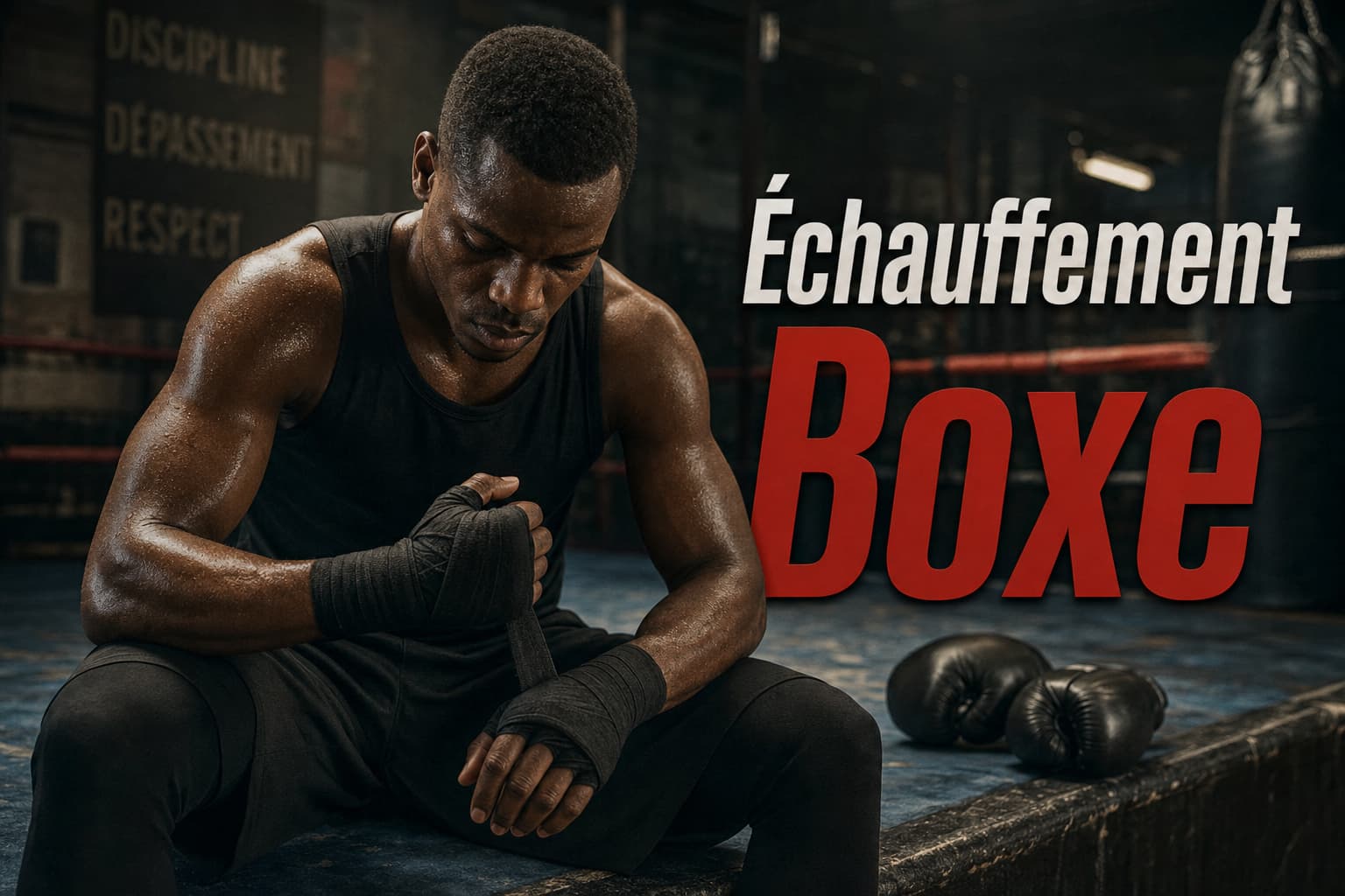 Un boxeur concentré enroule des bandes de protection autour de ses mains dans une salle de sport sombre éclairée par une lumière latérale mettant en valeur la sueur et la texture des gants de boxe posés à côté.