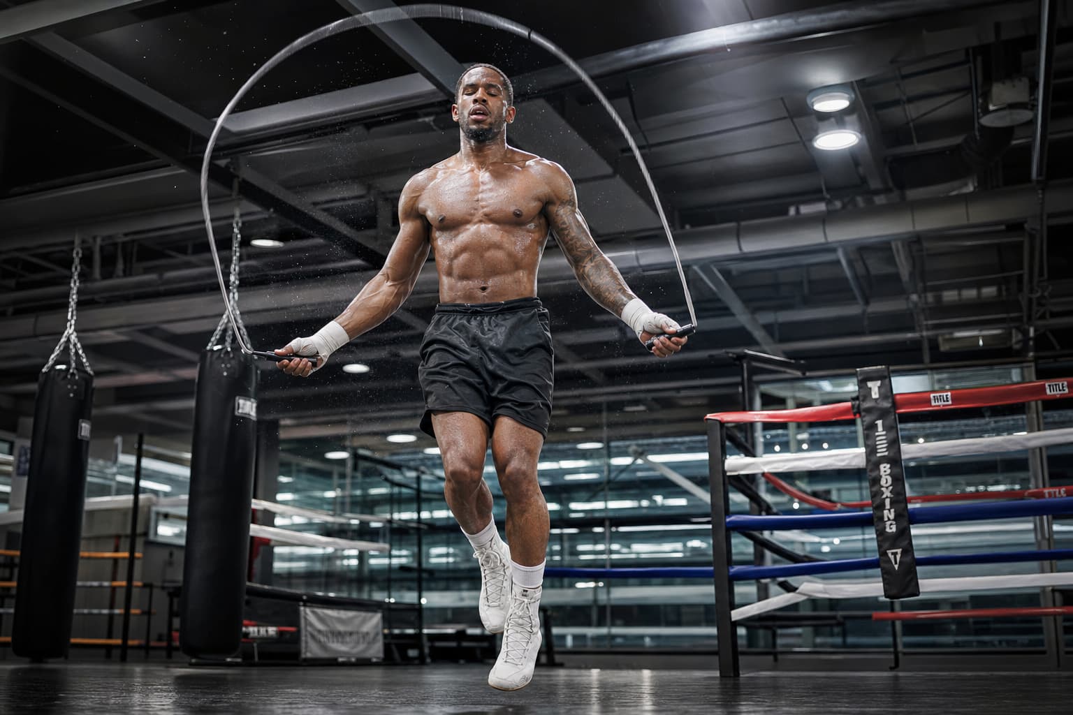 Boxeur athlétique figé en plein saut à la corde dans une salle de boxe moderne bien éclairée, avec flou de corde et gouttes de sueur visibles, capturé en contre-plongée avec un éclairage dynamique.