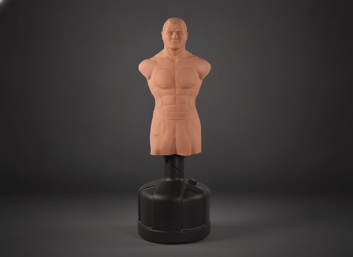 Mannequin de frappe Century BOB XXL au torse et visage très réalistes, éclairé en studio sur fond dégradé sombre, mettant en évidence les zones cibles et la matière polyéthylène durable.
