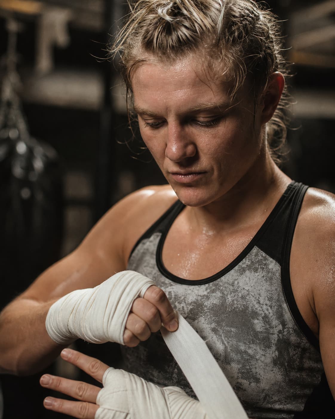 Une combattante de MMA concentrée enroule du tape autour de ses mains dans un gymnase sombre, sous une lumière tungstène chaude, avec des sacs de frappe flous en arrière-plan.