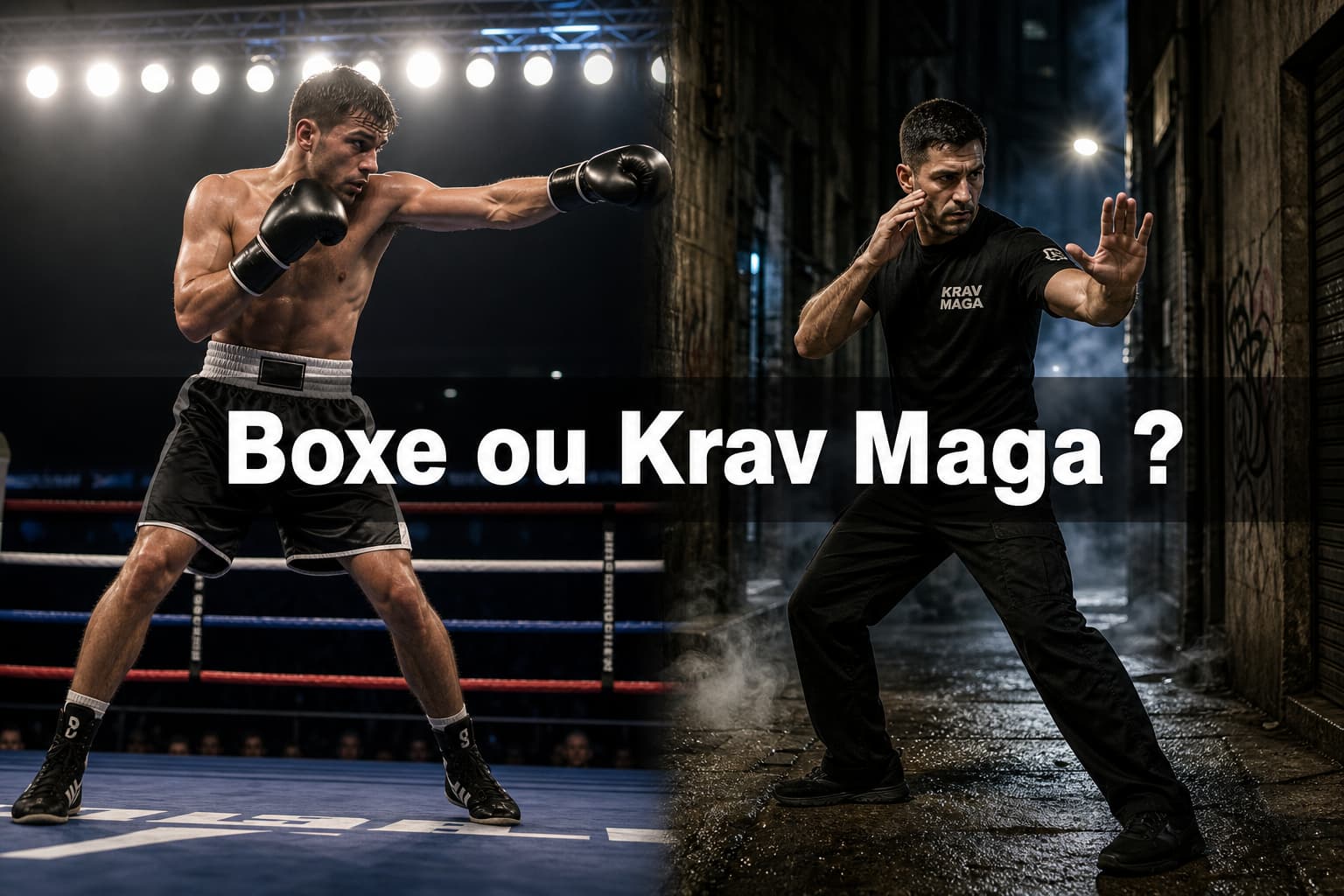 Composition divisée montrant à gauche un boxeur s