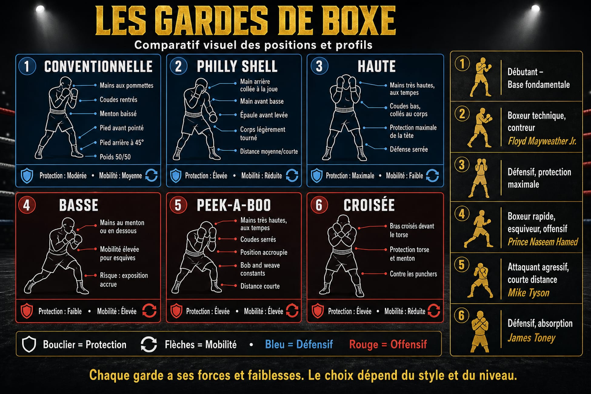 Infographie comparant les 6 gardes de boxe essentielles avec silhouettes annotées, niveaux de protection et mobilité, et boxeurs emblématiques.