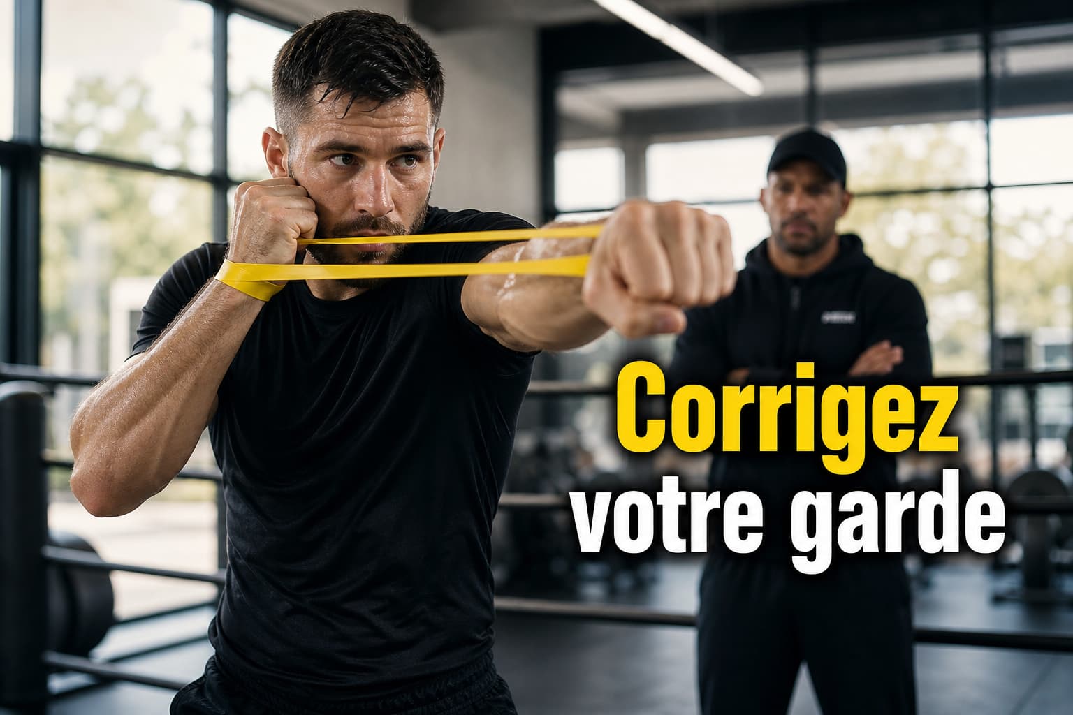 Un boxeur avec une bande élastique jaune autour des poignets effectue un exercice de boxe ombre, mains proches des pommettes, dans une salle lumineuse avec fenêtres, un entraîneur en arrière-plan flou, et le texte 