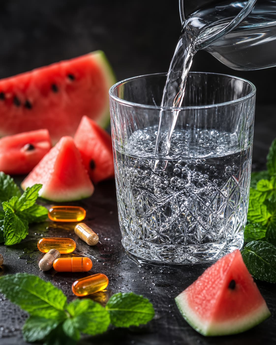 Eau versée dans un verre en cristal entouré de capsules de compléments vitaminés, de tranches de pastèque et de feuilles de menthe sur une surface en ardoise sombre, éclairage latéral dramatique.