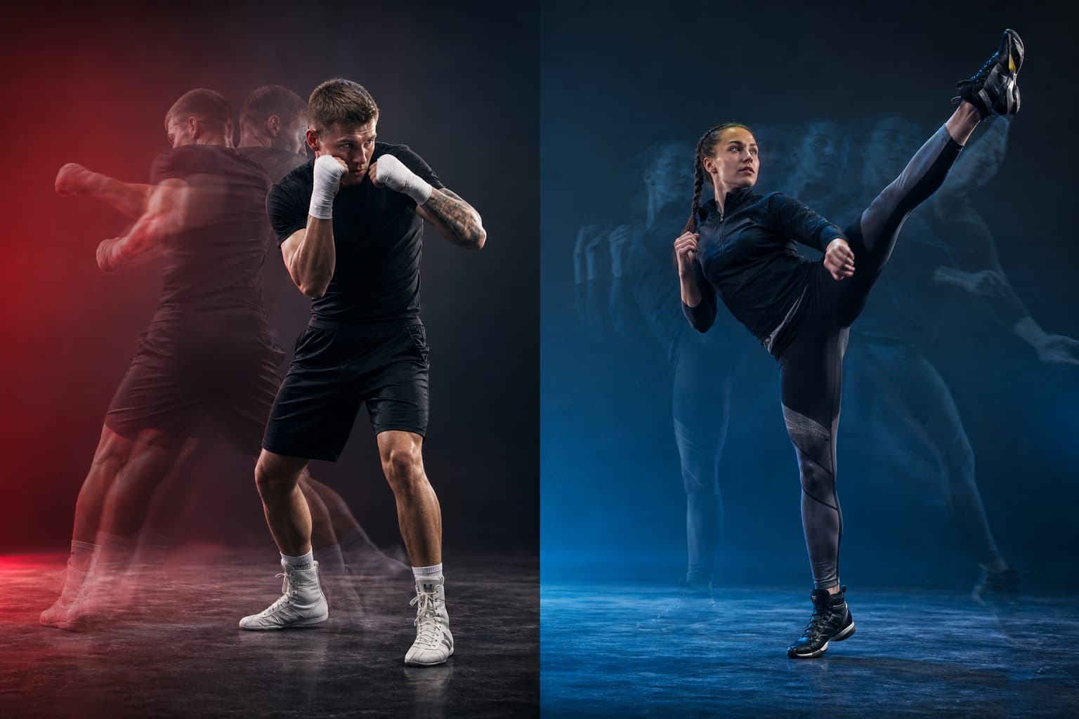 Deux sportifs dans un studio : un boxeur effectuant des rotations du torse et des esquives de tête pour la boxe anglaise, tandis qu'un pratiquant de savate réalise des étirements de jambes et des coups de pied, sous un éclairage vif.