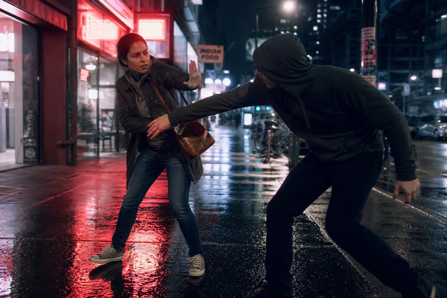 Pratiquant en tenue décontractée exécutant un blocage face à une tentative d’arrachage de sac sur un trottoir urbain détrempé, avec reflets de néons rouges et bleus dans les flaques, la nuit.