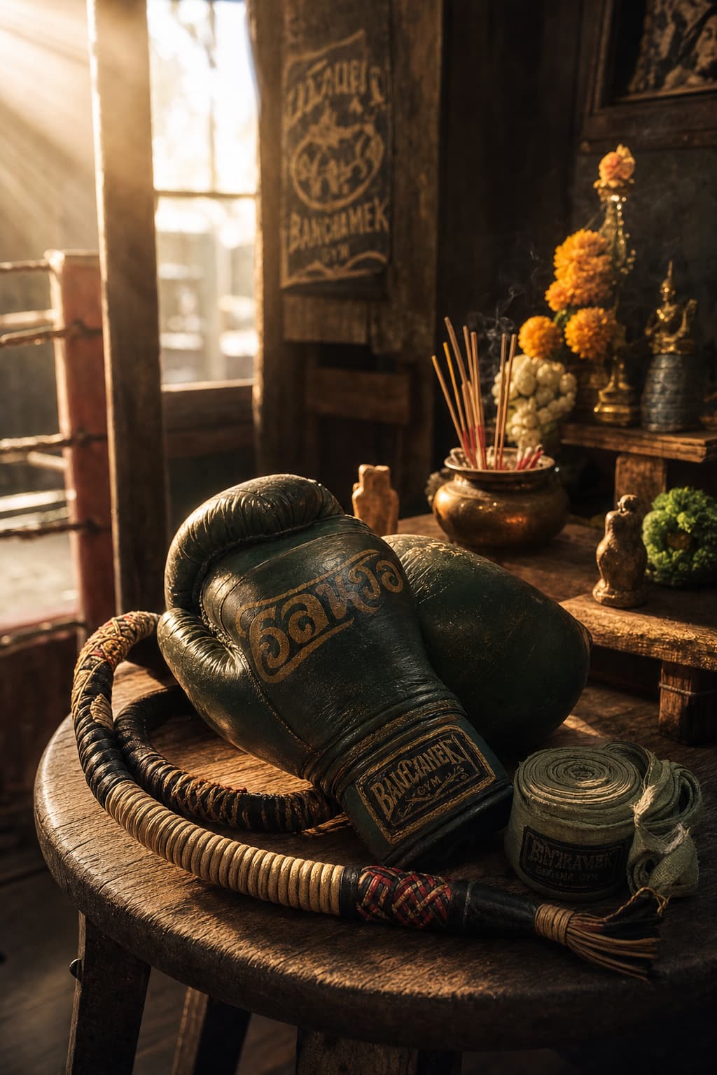 Des gants de boxe verts et dorés usés, un bandeau mongkhon tissé et des bandages pour les mains reposent sur un tabouret en bois baigné par la lumière chaude du soleil.