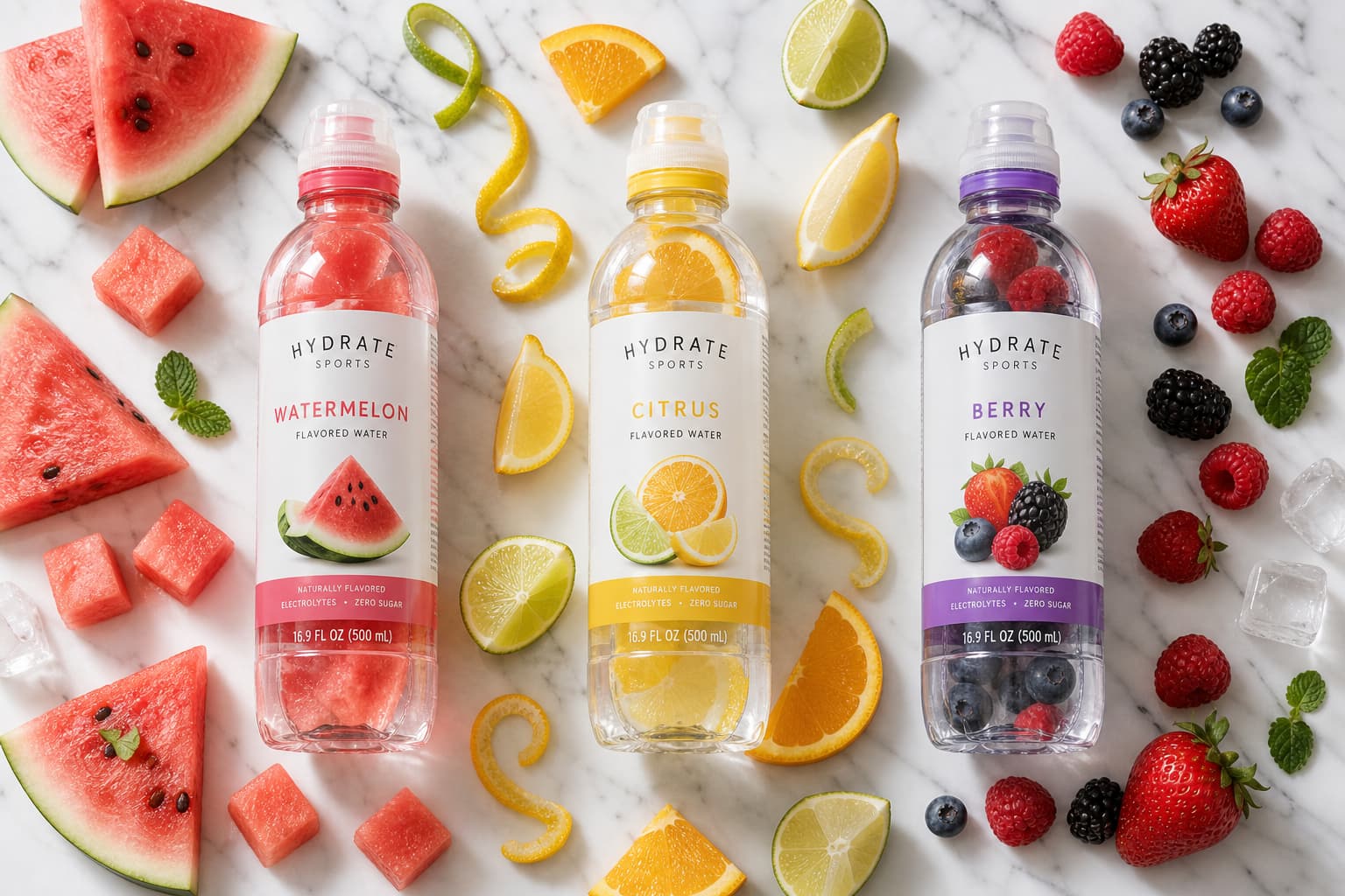 Three transparent sports water bottles with watermelon and citrus flavor labels arranged on a white marble countertop, surrounded by fresh cut fruits including watermelon and citrus, with bright studio lighting and soft diffused shadows.