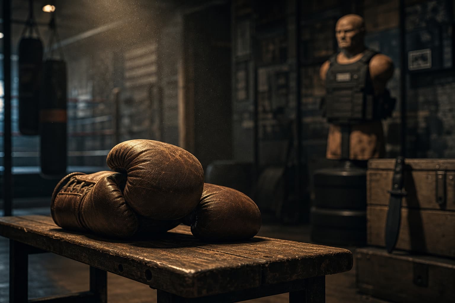 Des gants de boxe en cuir usés reposent sur un banc en bois éclairé par un faisceau de lumière, tandis qu
