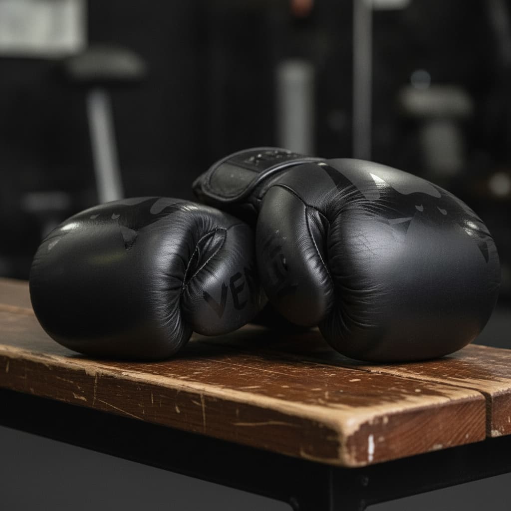 Une paire de gants de boxe Venum repose sur un banc en bois patiné, mettant en évidence les coutures précises et la fermeture à scratch.