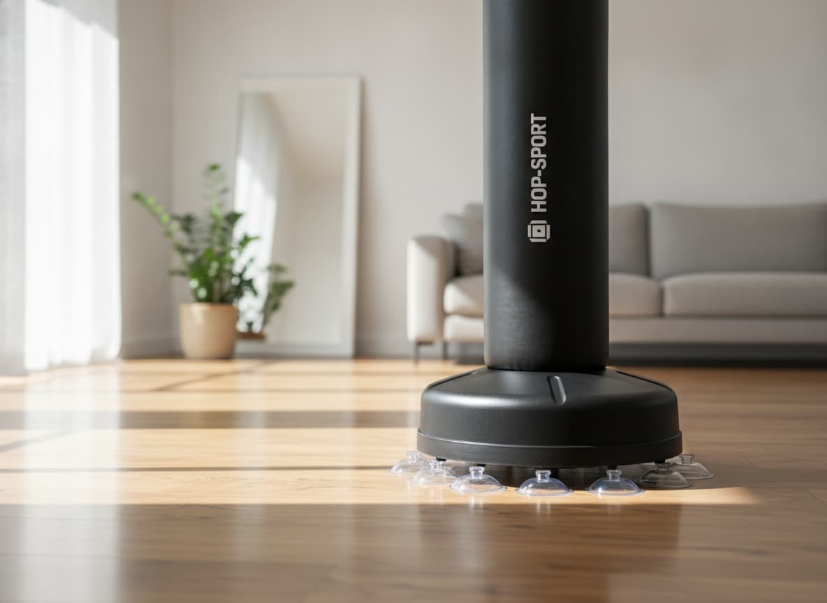 Sac de frappe autoportant Hop-Sport 180cm avec base à ventouses, posé sur un parquet en bois poli dans un intérieur lumineux, éclairé par la lumière du jour provenant d