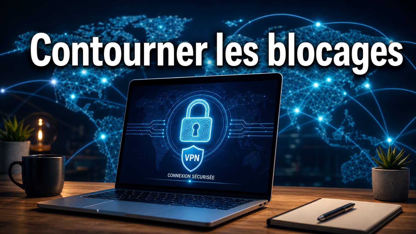 Un ordinateur portable sur un bureau en bois affiche un cadenas numérique et une icône de connexion sécurisée, entouré de nœuds lumineux en réseau, avec le texte 