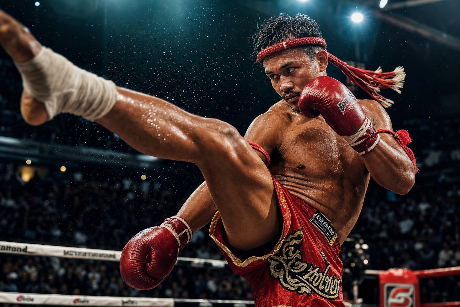 Un combattant de Muay Thai exécute un high kick puissant dans une arène bondée à Bangkok, portant un bandeau Mongkhon rouge et des bracelets Pra Jiad, avec de la sueur qui vole dans les airs sous un éclairage cinématographique dramatique.
