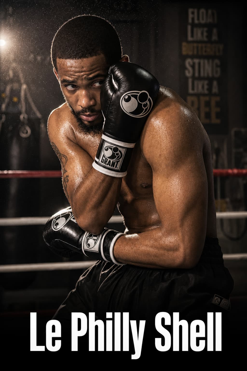 Boxeur en posture Philly Shell dans un gymnase sombre, épaule avant levée et main arrière sur la joue, éclairé par une lumière de contour.