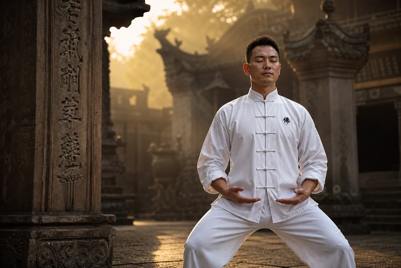 Un pratiquant de Wing Chun en tenue blanche médite dans la cour d