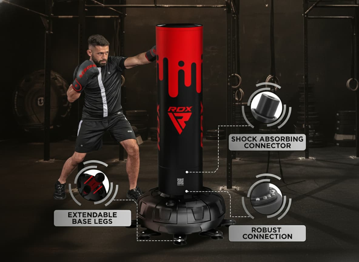 Sangle de frappe autoportante RDX F9 de 183 cm, entièrement assemblée, se dressant dans une salle de sport à domicile moderne et épurée.