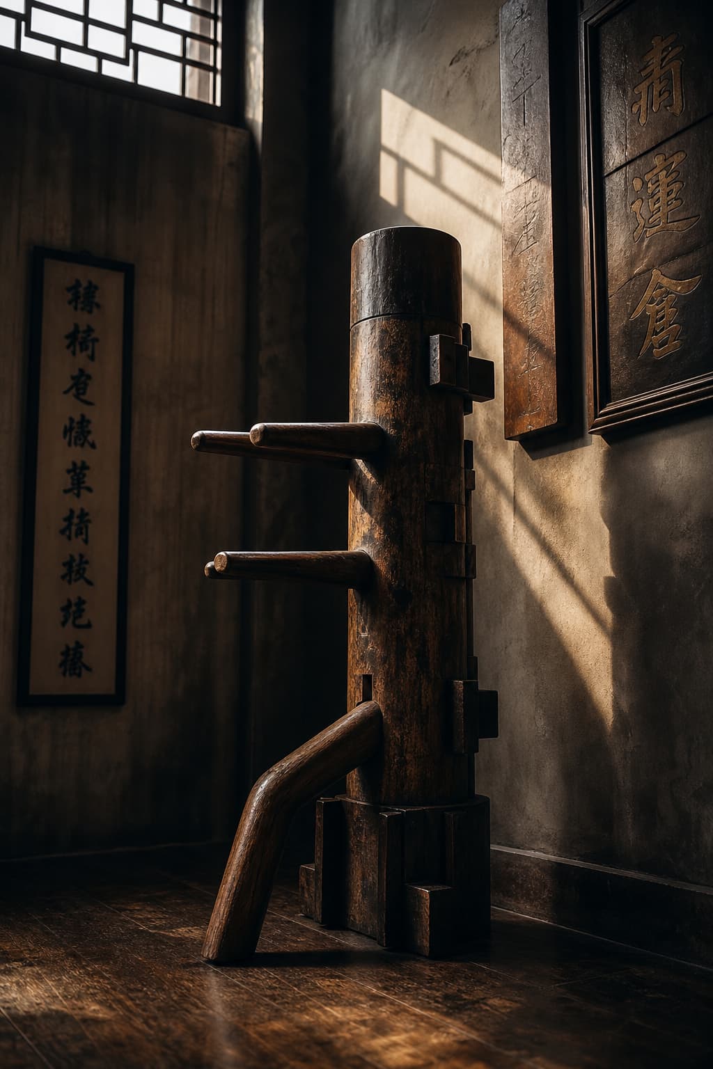 Un mannequin en bois traditionnel de Wing Chun, usé par l