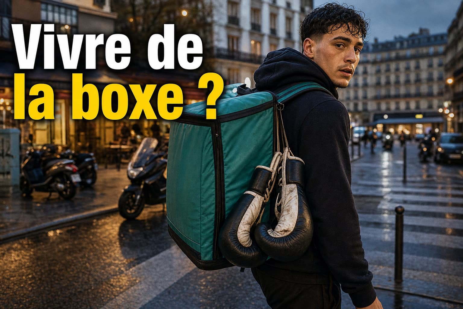 Jeune boxeur en tenue décontractée, portant un sac de livraison de nourriture avec des gants de boxe suspendus, marchant sur un trottoir en ville, l