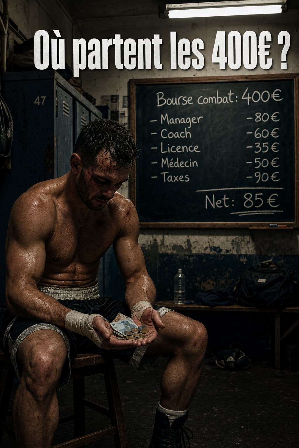 Un boxeur musclé et fatigué, assis sur un tabouret dans un vestiaire sombre, tient des pièces et des billets tandis qu