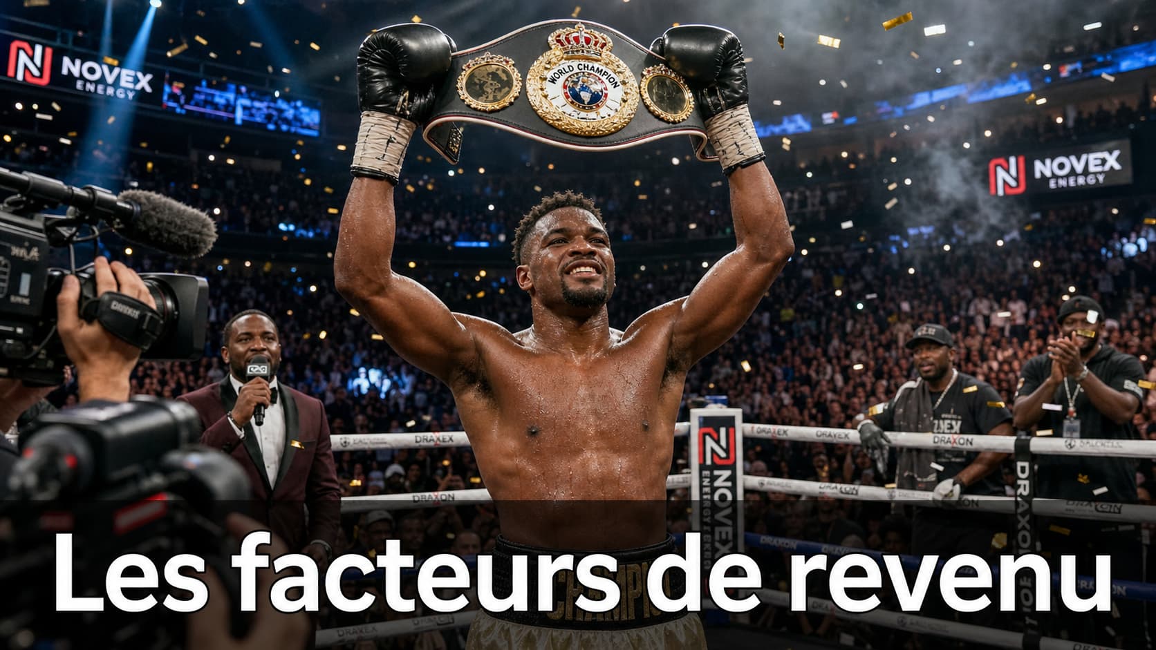 Un boxeur célèbre sa victoire dans une arène comble, portant une ceinture de championnat, entouré de caméras et de logos de sponsors, avec un éclairage dramatique.