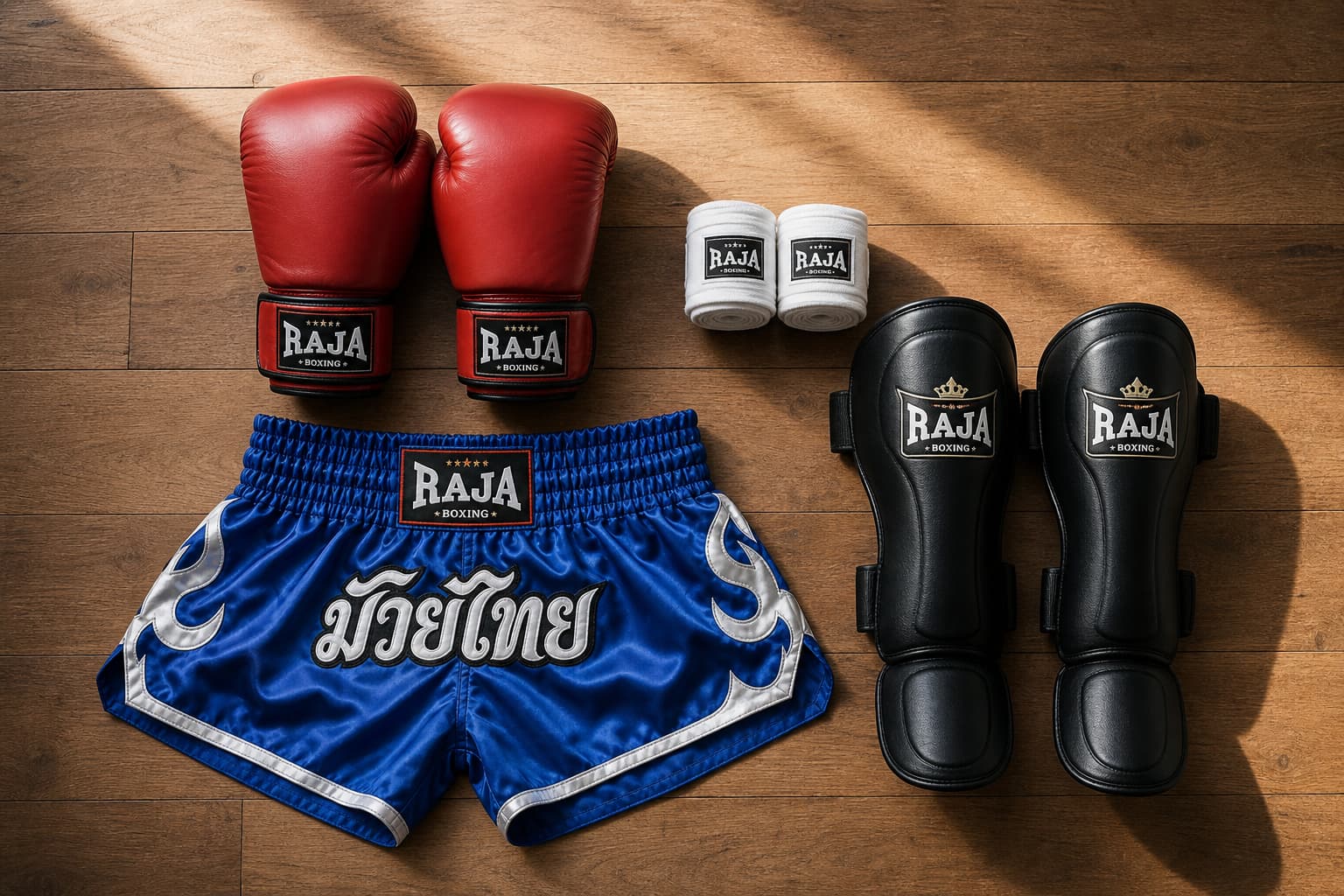 Gants de boxe rouges, bandes de mains blanches, protège-tibias noirs et short bleu disposés à plat sur un sol en bois.