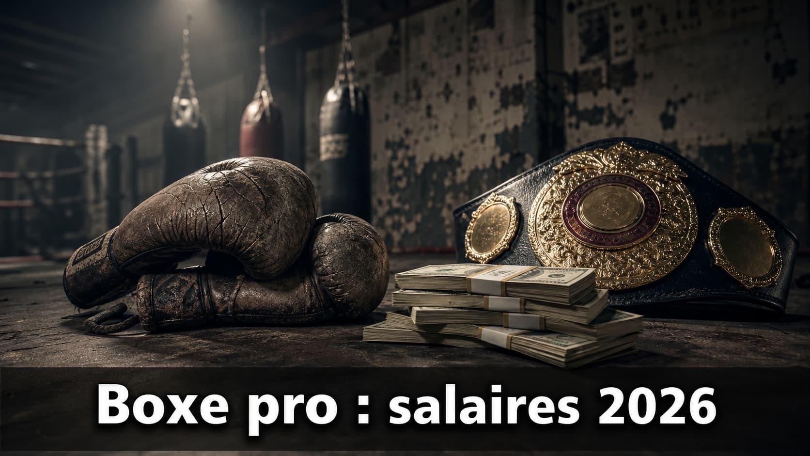 Salle de boxe sombre et crasseuse, un projecteur éclaire des gants de boxe usés, une liasse de billets et une ceinture de champion, avec le texte 'Boxe pro : salaires 2026' superposé en bas sur un fond sombre semi-transparent.