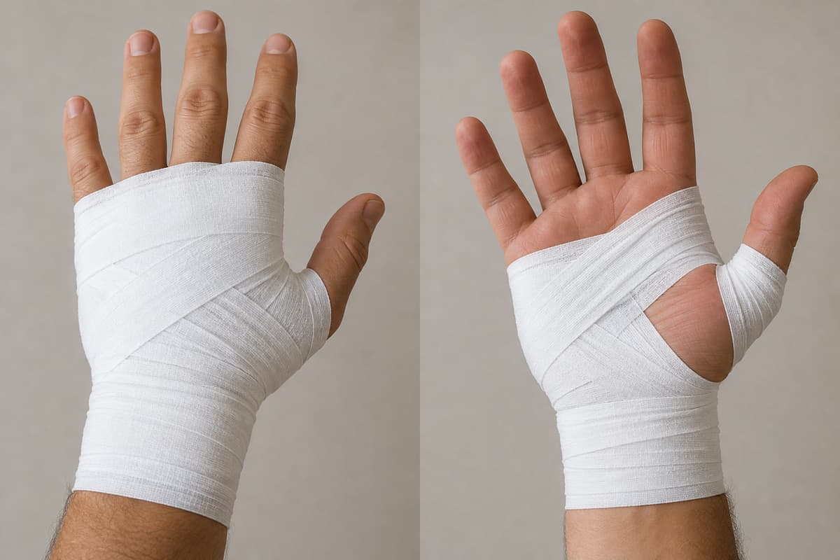 Main d’adulte correctement bandée, vue de dos et de paume, montrant des articulations couvertes par une bande plate, un poignet entouré et un pouce libre.