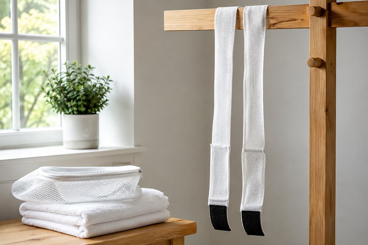 Bandes de boxe déroulées suspendues pour sécher dans un espace propre et aéré, près d’un filet de lavage et avec les fermetures velcro repliées.