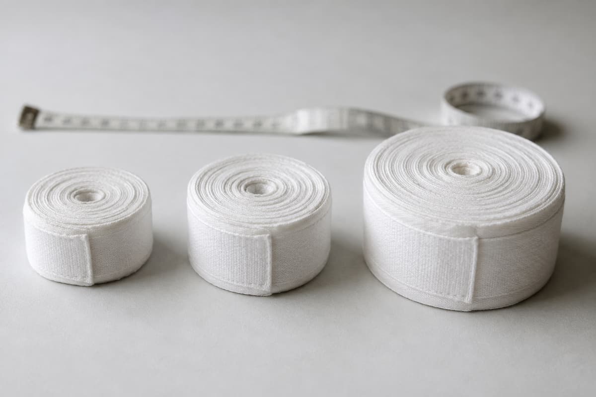 Trois bandes de boxe blanches roulées en boucles de tailles différentes, alignées de gauche à droite, avec un mètre ruban flou en arrière-plan.