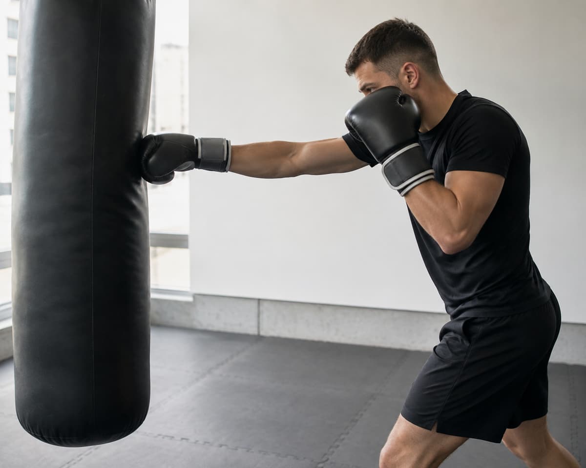 Boxeur de profil frappant un sac de frappe avec des gants rembourrés, poignet aligné et posture stable dans une salle sobre.