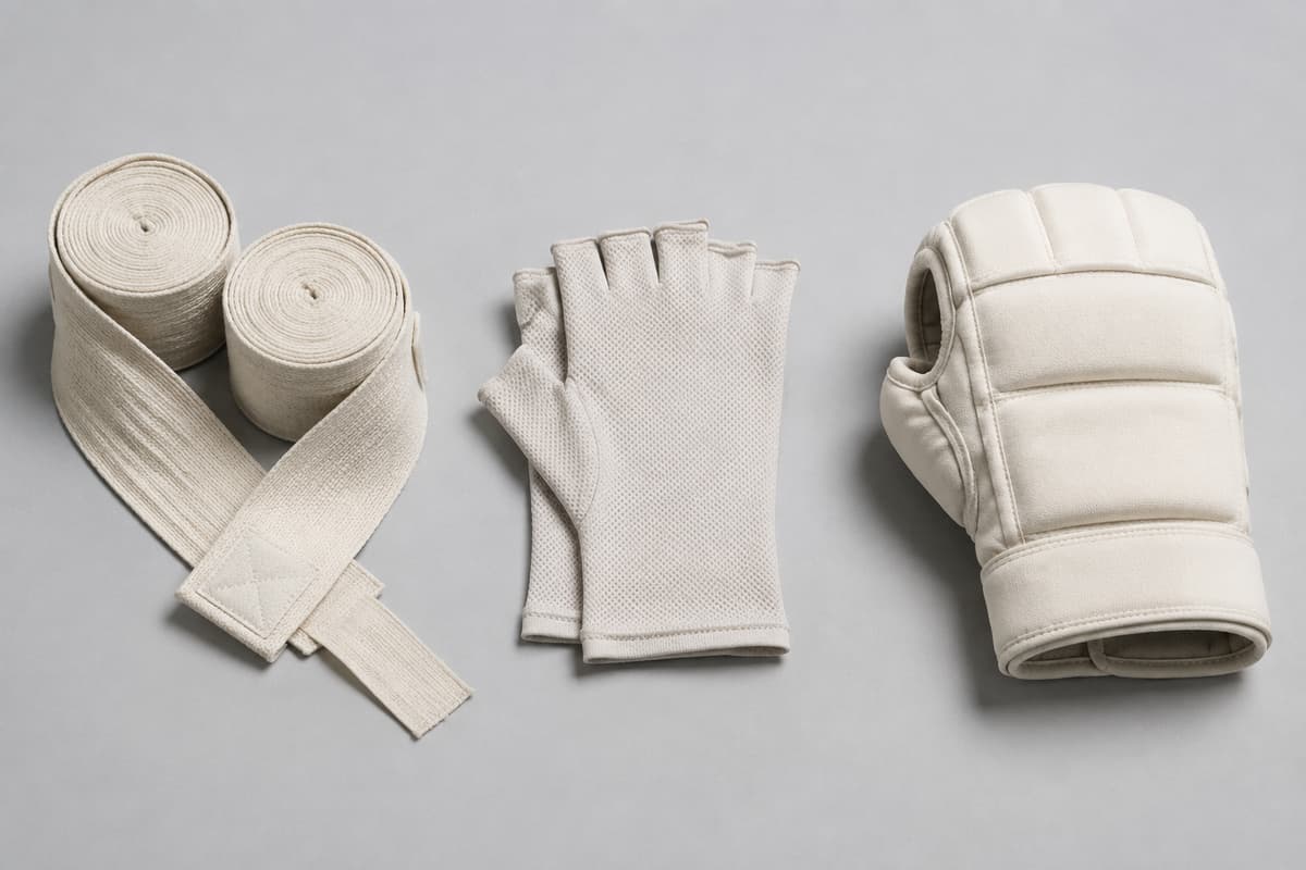 Trois solutions de protection pour les mains de boxe alignées sur fond neutre : une paire de bandes à enrouler déroulées, un sous-gant et une mitaine préformée.