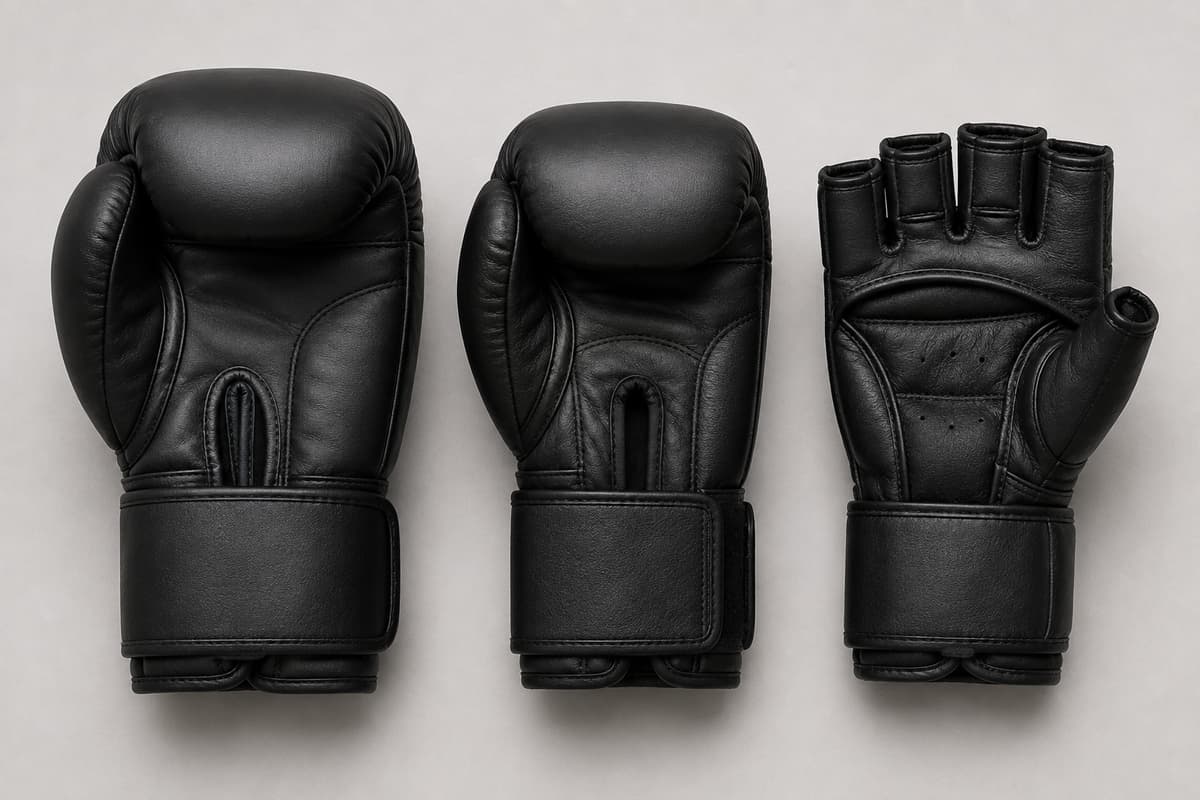 Trois gants de sport alignés côte à côte sur fond neutre : un gant de sac rembourré, un gant de boxe fermé et un gant MMA à doigts ouverts, montrant leur différence de couverture des doigts.
