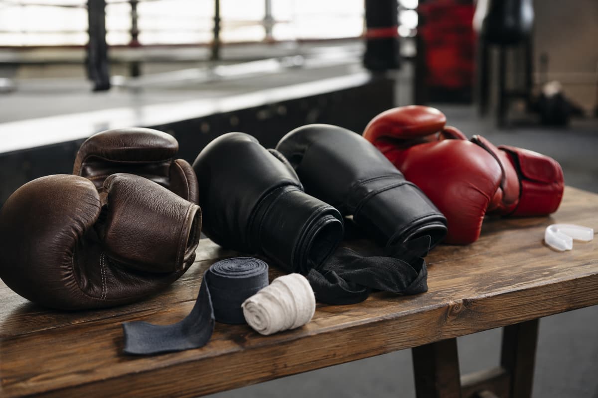 Plusieurs paires de gants de boxe en cuir aux finitions différentes posées sur un banc d’entraînement, avec des bandes de boxe et un protège-dents à l’arrière-plan dans une salle de sport.