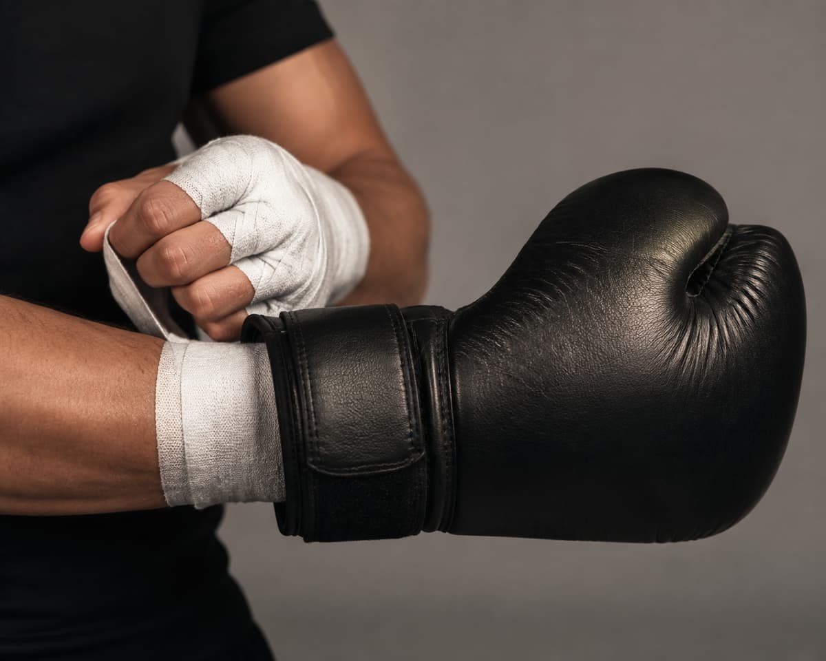 Mains bandées enfilant un gant de boxe, poing légèrement fermé et manchette stable au poignet.