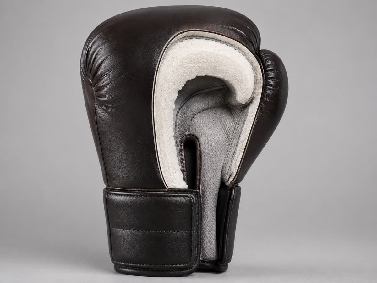 Gant de boxe moderne en cuir présenté en coupe partielle laissant voir la mousse de rembourrage et la doublure intérieure, sur fond neutre.