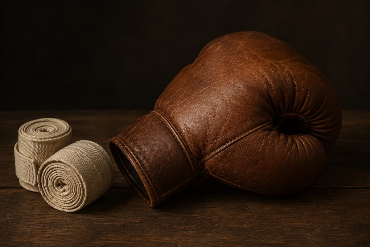 Gant de boxe en cuir marron de style vintage posé à côté de bandes de boxe beiges sur une surface en bois foncé, éclairé par une lumière douce.